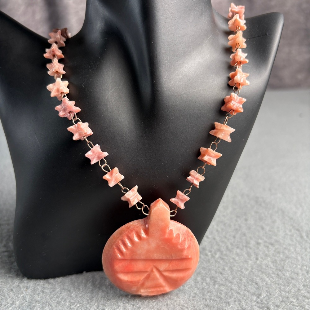 Vintage Hand Carved Pink Stone Sun Pendant Necklace Star Bead Chain 28 Inch